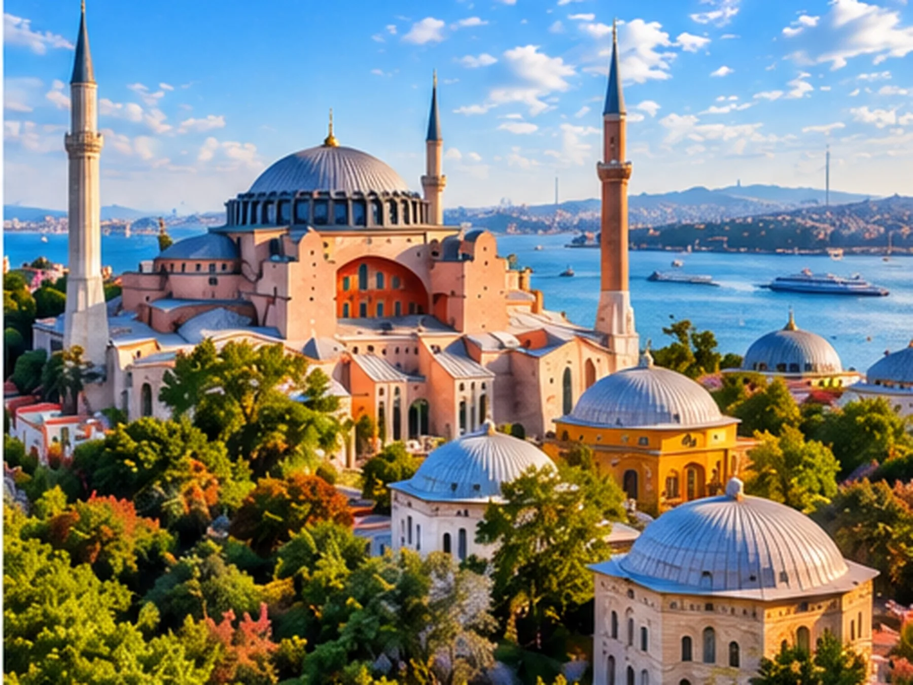 AI-bewerkte sfeerfoto: de Hagia Sophia met koepel en minaretten in Istanbul