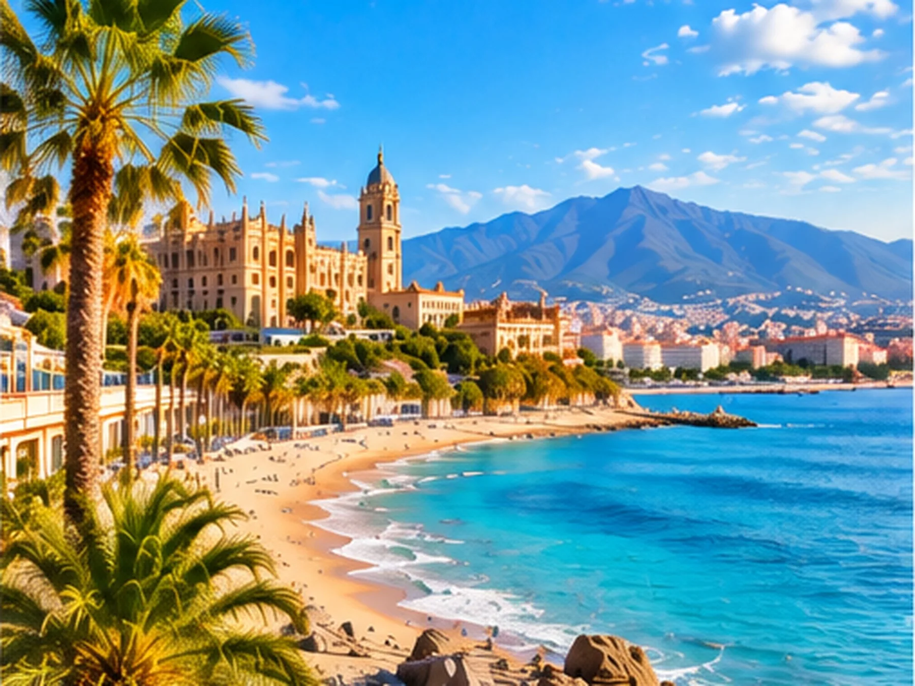 AI-bewerkte sfeerfoto: de kathedraal van Málaga tegen een strakblauwe lucht