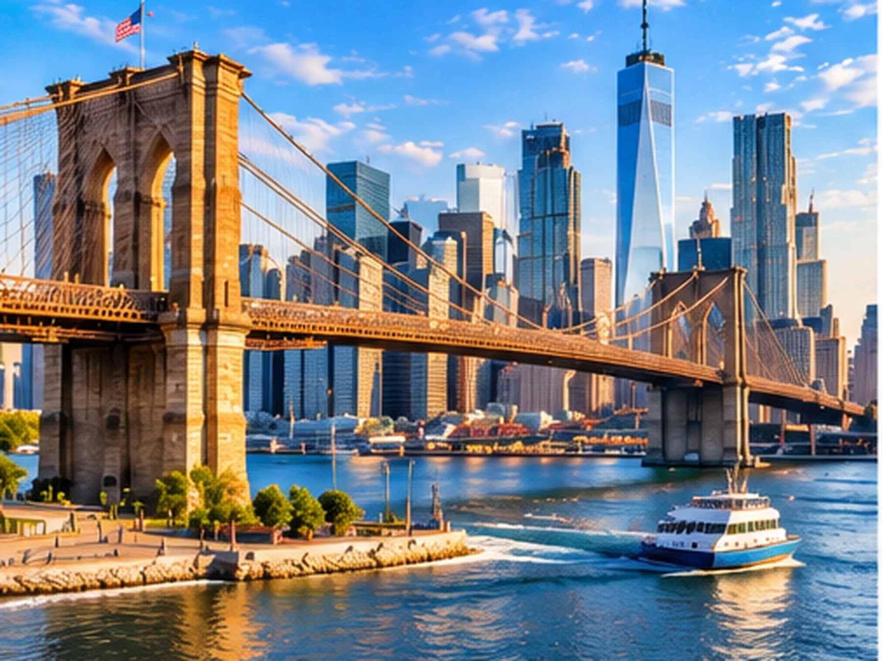 AI-bewerkte sfeerfoto: de skyline van Manhattan met de Brooklyn Bridge in New York