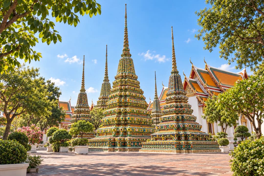 AI-bewerkte sfeerfoto van Wat Pho met kleurrijke chedi’s, groen en warm zonlicht
