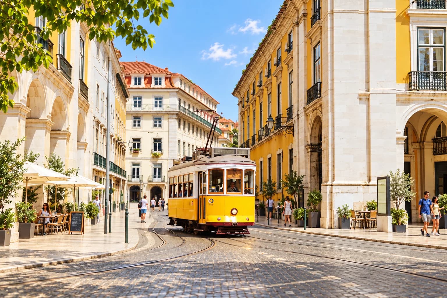AI-bewerkte sfeerfoto van een gele tram in Lissabon met terrassen en warm zonlicht