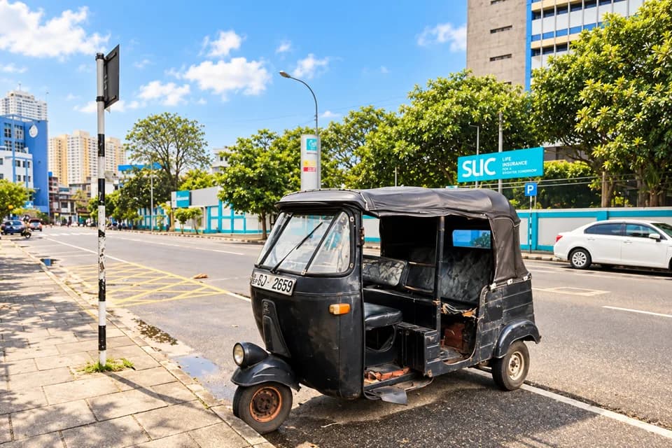 AI-bewerkte sfeerfoto: straatbeeld met een tuktuk in Colombo